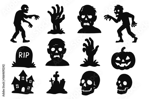 Zombie and horror silhouette icon set. Scary, eerie, undead symbols. Spooky Halloween vector collection. Walking dead, monster, skull, grave, pumpkin, haunted house illustrations.