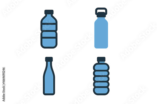 Water bottle icons set with plastic bottle, stainless steel bottle, glass bottle, collapsible bottle, reusable drinking container variety, flat vector illustration on transparent background