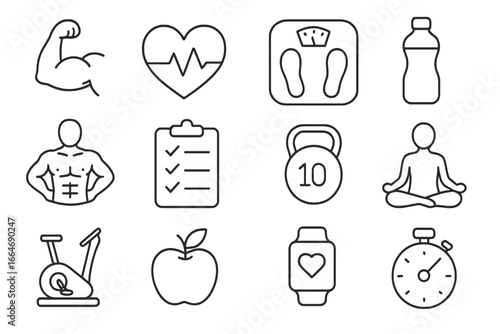 Health and fitness linear icon set. Workout, wellness, sport and gym outline icons collection. Healthy lifestyle, cardio, training, diet, and muscle building symbols.