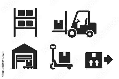 Warehouse Icons Set with Solid Filled Designs Including Storage Racks, Forklift, Loading Dock, Pallet Jack, Shipping Box, Logistics and Inventory Vector Illustration