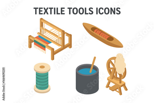 Isometric Flat Icons of Textile Production Tools Including Handloom, Shuttle, Bobbin with Thread, Dye Vat, Spinning Wheel, Vector Illustration on Transparent Background