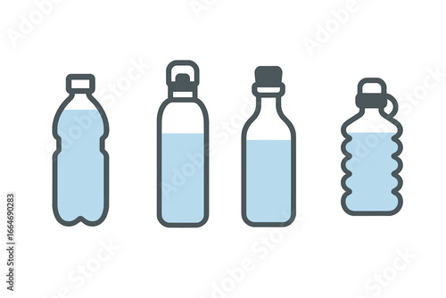 Water Bottle Icons Set. Vector illustration of plastic, stainless steel, glass, and collapsible water bottles. Variety of reusable hydration containers in flat style on transparent background.