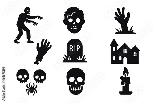 Zombie and horror silhouette icon set. Scary undead symbols collection. Vector illustration for Halloween. Includes zombie, skull, grave, haunted house, and spider icons.