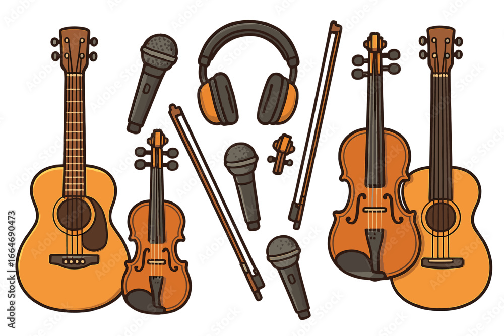 Naklejka premium Musical instruments collection. Vector illustration of guitar, violin, microphone, headphones. Music production, recording studio equipment. Sound and audio design elements set.