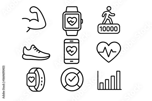 Fitness and activity vector icon set. Health monitoring and workout symbols. Wearable tech, smartwatch, heart rate, step counter, and progress chart line art icons.