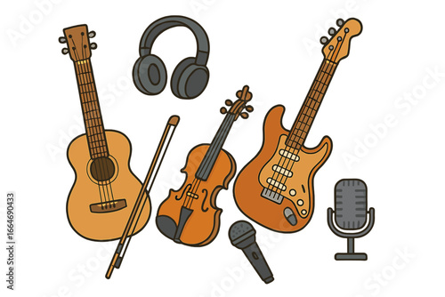 Music instrument set vector cartoon illustration. Acoustic guitar, electric bass, violin, headphones, microphone. Sound recording studio equipment. Concert, band, podcast icon.