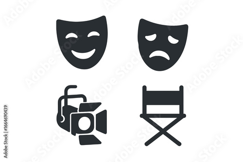 Theater Icon Set Solid Filled Vector Graphics of Comedy and Tragedy Masks, Stage Light Equipment, Director’s Chair Illustration for Drama and Performance Art