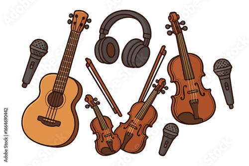 Set of musical instruments vector illustration. Acoustic guitar, violin, headphones, microphone icons. Music concert, audio equipment, sound production, band doodle elements.
