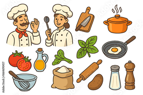 Set of cooking icons with chef characters, food ingredients and kitchen utensils. Vector cartoon illustration of culinary elements for restaurant menu or gastronomy concept.