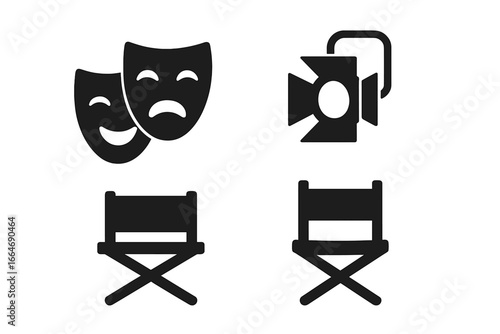 Theater icon set with solid filled comedy and tragedy masks, stage light, and director’s chair vector illustration, classic drama symbols and film production elements