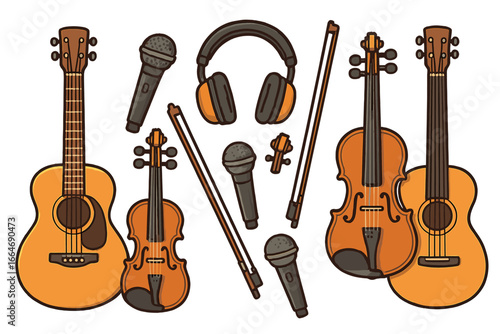 Musical instruments collection. Vector illustration of guitar, violin, microphone, headphones. Music production, recording studio equipment. Sound and audio design elements set.