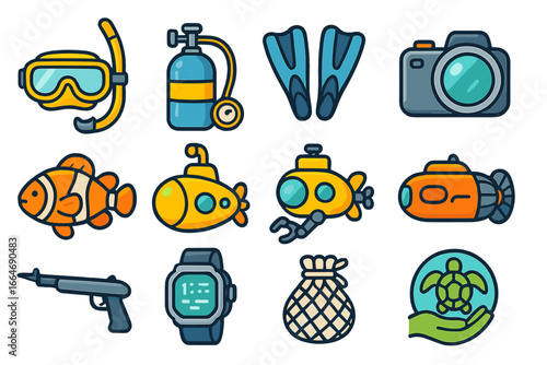 Scuba diving icon set. Marine exploration equipment. Underwater life vector. Snorkel, oxygen tank, flippers, camera, clownfish, submarine, turtle conservation symbol.