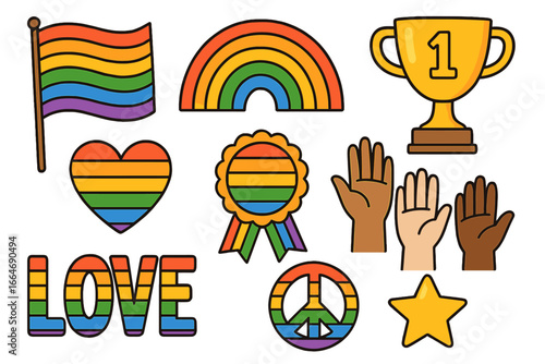 Set of LGBTQ pride symbols. Rainbow flag, heart, peace sign, and love text. Diversity and inclusivity concept with multi-ethnic hands. Achievement trophy and award vector.