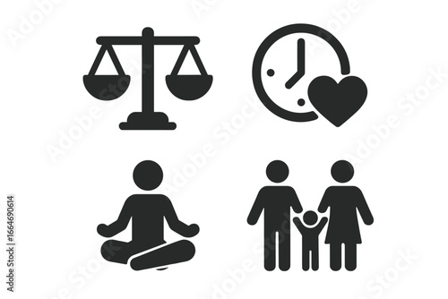 Work-Life Harmony Icons Set, Solid Filled Vector Illustrations of Life Balance Scales, Clock with Heart, Yoga Pose Meditation, Family Silhouette, Stress Relief and Wellness Concepts