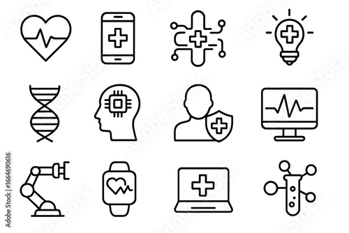 Healthcare technology outline icon set. Medical innovation symbols collection. Medtech, digital health, telemedicine, AI in medicine, and biotechnology vector line icons.