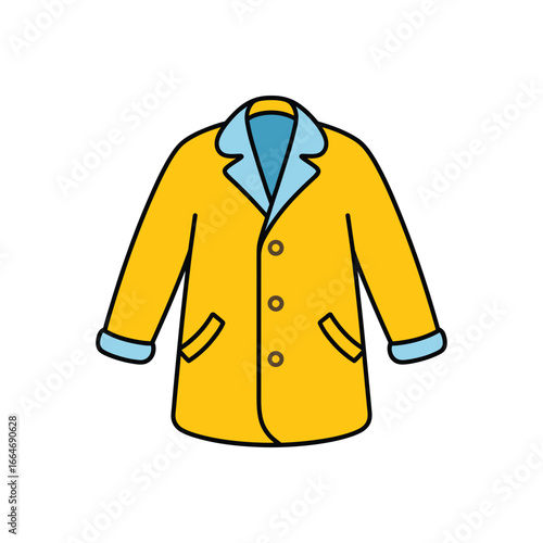 Classic yellow overcoat with blue collar, a flat style vector icon illustration isolated on a white background.