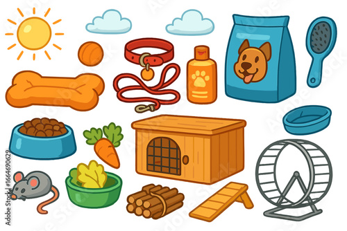 Pet supplies cartoon icon set. Dog and hamster accessories collection. Vector illustration of pet shop items like food, toys, collar, leash, bone, wheel, cage, brush. Isolated.