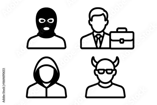 Threat Actor Icons Outline Set of Profiles Including Masked Criminal, Insider with Briefcase, Hooded Hacker, and Devil Horned Figure Vector Illustration on Transparent Background
