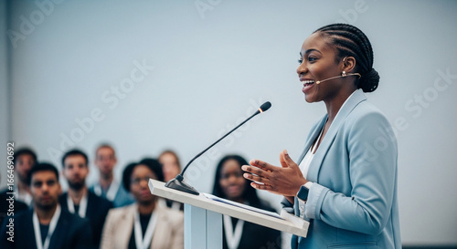 Photo of a confident black woman in a blue blazer speaks passionately at a podium to an attentive audience