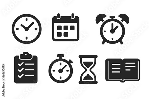 Time management icons set, solid filled vector symbols including clock, calendar, alarm, checklist, stopwatch, hourglass, planner, productivity, scheduling, organization, time tracking