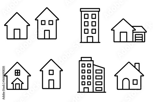 Home and building outline icon set. Residential architecture symbols. Linear vector pack for real estate and property. House, apartment, office graphic design elements.