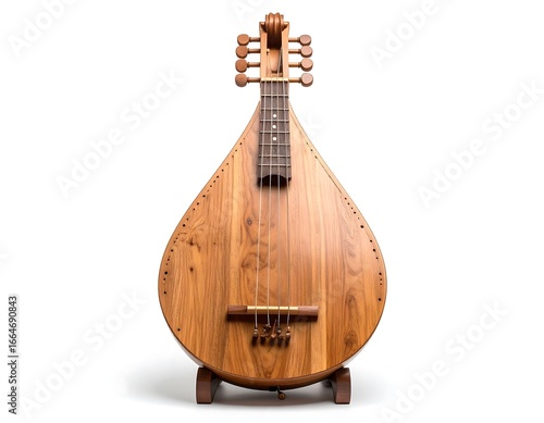 Antique Wooden Pear-Shaped Stringed Instrument on White Background.