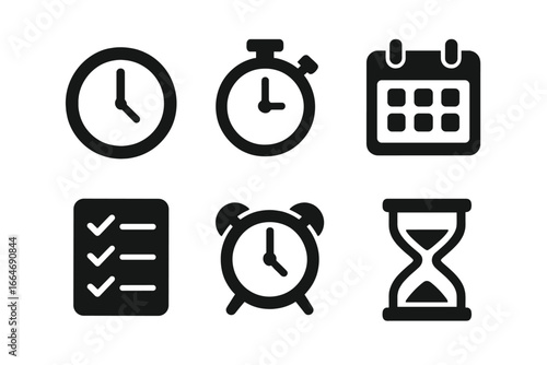 Time Management Icons Solid Filled Vector Set of Clocks, Timer, Calendar, Checklist, Alarm Clock, Hourglass for Productivity and Scheduling Concepts