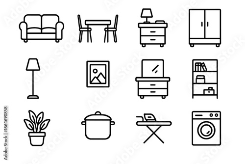 Home and lifestyle outline icon set. Furniture, decor, and household essentials collection. Vector line icons of interior elements like sofa, lamp, and washing machine.
