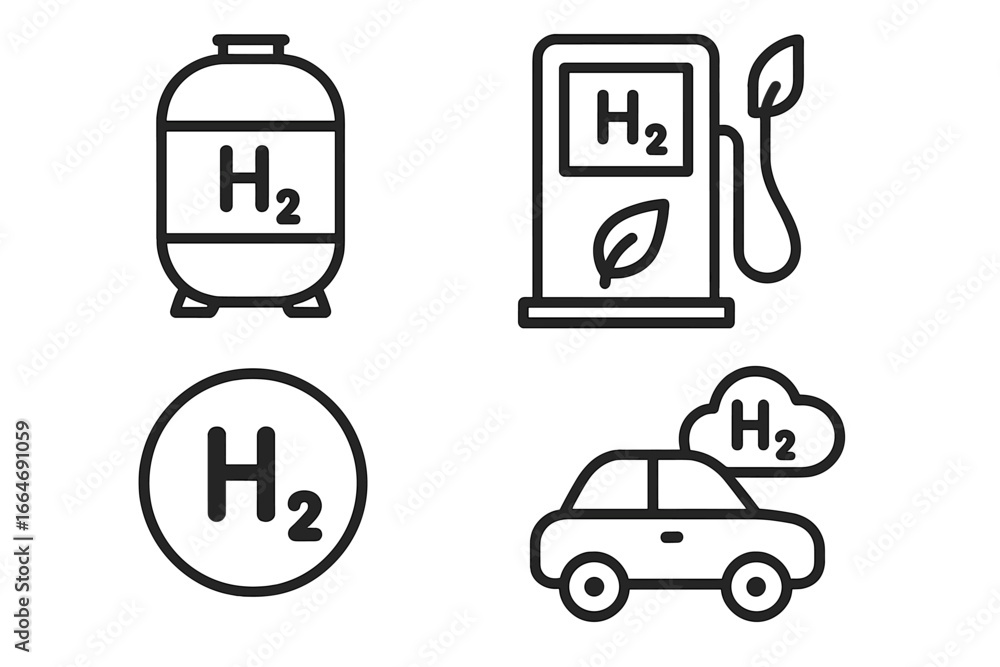 Hydrogen energy icon set. H2 fuel for future green power. Sustainable, renewable, and clean eco friendly symbols. Vector line art of a car, station, and tank concept.