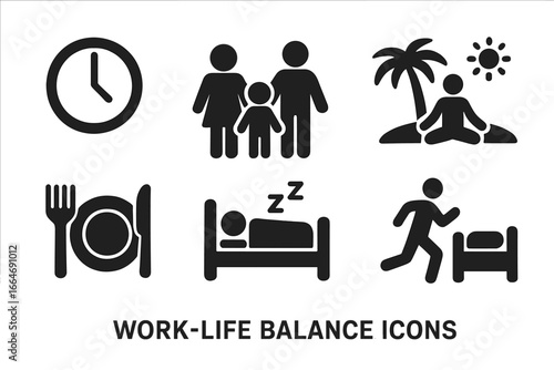 Work-Life Balance Icons Vector Set, Solid Filled Clock, Family, Yoga, Vacation, Meal, Sleep, Exercise Symbols, Healthy Lifestyle, Time Management, Relaxation, Fitness, Wellness Illustration