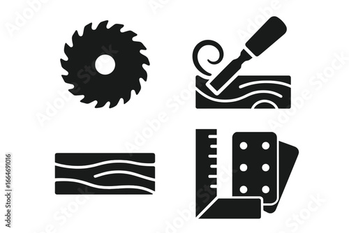 Solid woodworking icon set with saw blade, chisel carving wood, wood plank grain texture, sandpaper and carpenter’s square tools vector illustration on transparent background