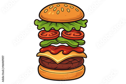 Flying ingredients burger vector illustration. Delicious hamburger or cheeseburger with separated layers. Bun, patty, cheese, tomato, lettuce for fast food menu design concept.