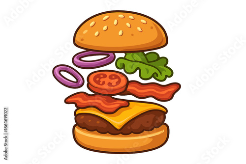 Deconstructed burger assembly with layered ingredients. Vector cartoon illustration for fast food menu. Cheeseburger with bacon, lettuce, tomato, onion. Isolated object.