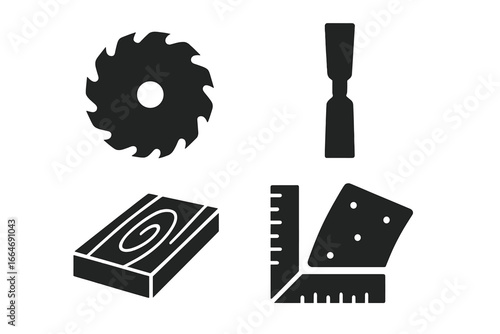 Woodworking Icon Set, Solid Filled Vector Illustrations of Saw Blade, Chisel, Wood Plank, Sandpaper, Carpenter’s Square, Craft Tools and Woodworking Equipment Symbols