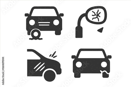 Worn Transportation Icons Set, Solid Filled Vector, Flat Tire, Broken Mirror, Scratched Paint, Dented Bumper, Car Damage Symbols, Auto Repair, Vehicle Maintenance