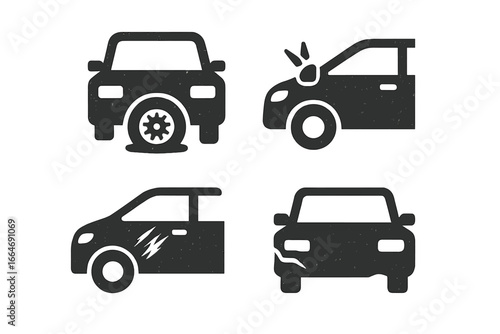 Worn Transportation Icons Set, Solid Filled Vector Symbols of Flat Tire, Broken Mirror, Scratched Paint, and Dented Bumper, Vintage Auto Damage and Repair Concept Illustration