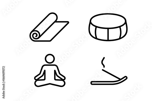 Yoga retreat icons outline set with yoga mat, meditation cushion, lotus pose silhouette, incense stick, spiritual wellness vector illustration on transparent background