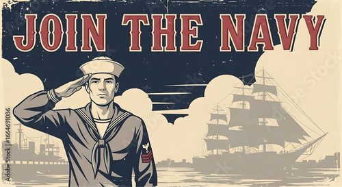 Vintage navy recruitment poster featuring a saluting sailor against the backdrop of a historic sailing vessel and a coastal cityscape, urging individuals to enlist