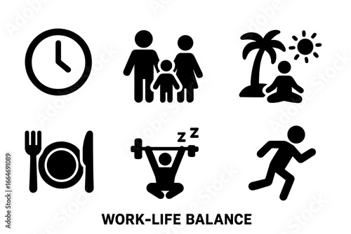 Work-Life Balance Icons Vector Set, Solid Filled Design, Clock Time, Family Togetherness, Yoga Meditation, Vacation Relaxation, Healthy Meal, Sleep Rest, Exercise Workout, Transparent Background