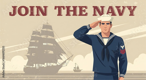 Vintage Naval Recruitment Poster Featuring a Sailor Saluting with a Tall Ship Sailing into the Horizon evoking a sense of Adventure and Service for your country