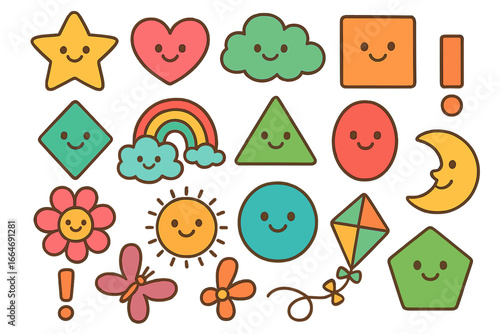 Kawaii cute characters set. Colorful cartoon shapes collection. Funny emoji sticker pack for kids. Happy smiley faces, star, heart, sun, cloud, rainbow, flower, moon icons.