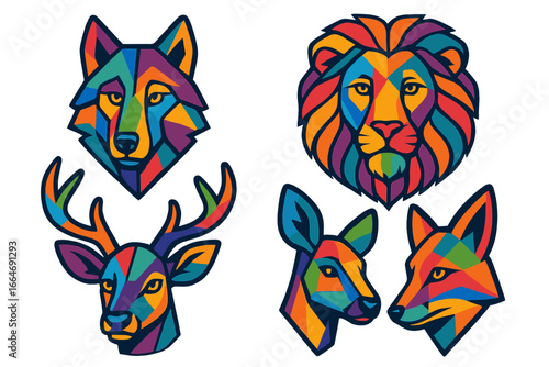 Creative geometric animal heads collection. Vibrant colors in modern abstract art style. Vector illustration set with wolf, lion, deer, kangaroo, fox. Polygon mosaic design.