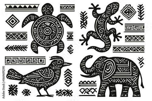 Set of tribal animal patterns. African ethnic collection with turtle, elephant, lizard, bird. Indigenous aboriginal art for tattoo. Black and white vector illustration.
