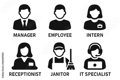 Workplace roles icons set including manager, employee, intern, receptionist, janitor, IT specialist, solid filled vector illustration, business team, office jobs, staff positions