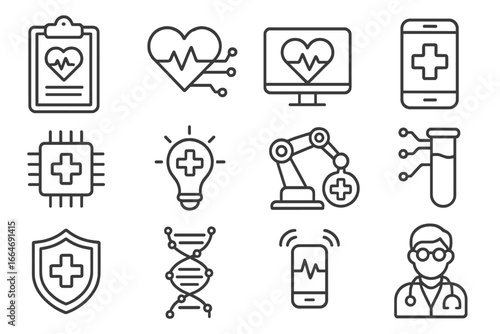 Healthcare technology outline icon set. Medical innovation symbols for digital health, telemedicine, biotech, genetics, and E-health. Vector line art collection for apps.
