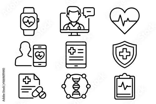 Digital health and telemedicine line icon collection. E-health, virtual doctor consultation, wearable technology, heart rate monitor, medical data, genetics, insurance vector set.