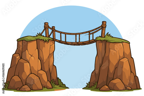 Bridge over canyon connecting cliffs. Concept of overcoming challenge, finding solution, connection, and path forward. Adventure journey metaphor. Vector cartoon graphic.