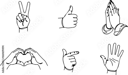 Collection of hand gestures including peace sign thumbs up praying heart point and open hand isolated