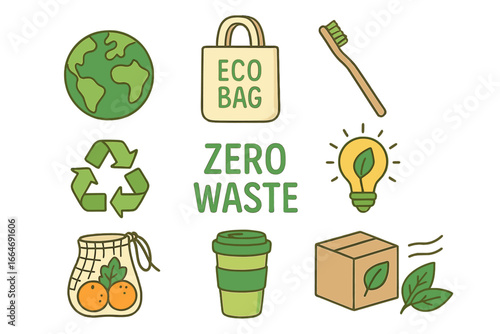 Zero waste lifestyle icon set. Eco friendly and sustainable living concept. Vector collection of green ecology symbols like reusable bag, cup, and eco packaging. Earth day.
