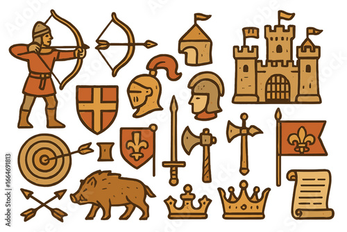 Medieval icons set with knight, castle, archer, and heraldic symbols. Vector collection of middle ages clipart for history or fantasy themes. Royal crown, sword, and shield.